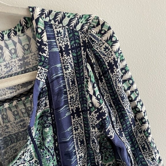 Lucky Brand Wmn SZ XS Blue/Green/White Boho Tunic Style Tie Neckline Short Dress - Picture 6 of 11